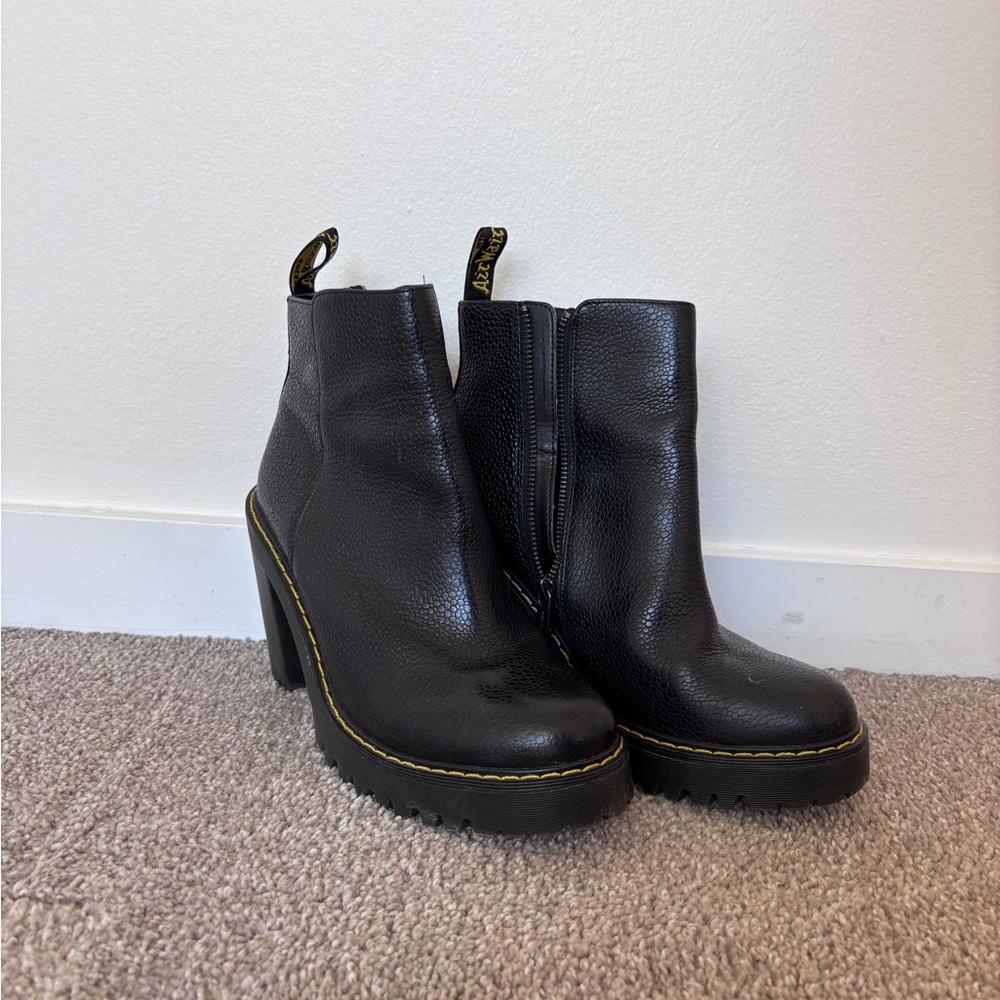 Dr. Martens Black Leather Platform Ankle Boots with Yellow Stitching